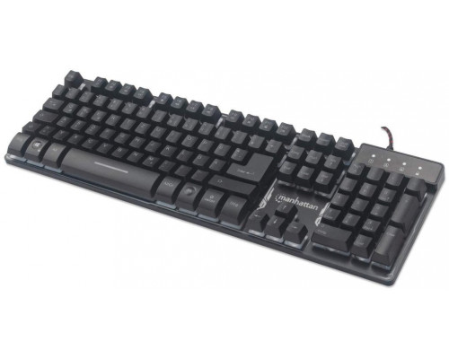 MANHATTAN USB-Gaming-Tastatur Metallunterseite 12 Funktionstasten farbige LED-Hintergrundbeleuchtung 19 Anti-Ghosting-Tasten IPX4