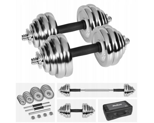 Dumbbells cast iron chrome plated adjustable w walizce z gryfem, zestaw 30kg REBEL ACTIVE