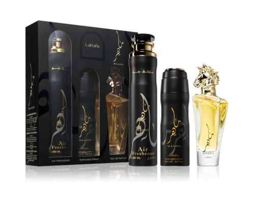 SET LATTAFA Maahir EDP spray 100ml + PERFUMED SPRAY 200ml + AIR FRESHENER 300ml