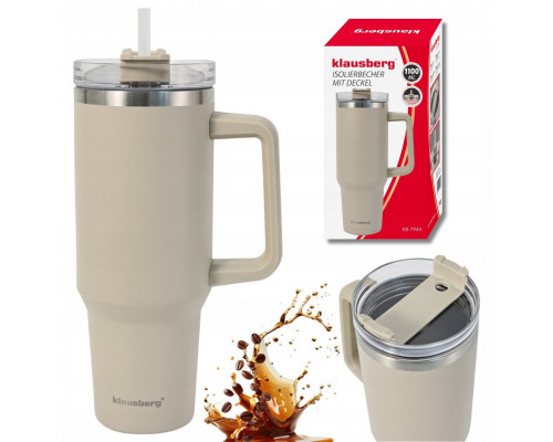 STALOWY THERMAL MUG TERMOS 1100ml Z RĄCZKĄ I SŁOMKĄ KLAUSBERG KB-7944