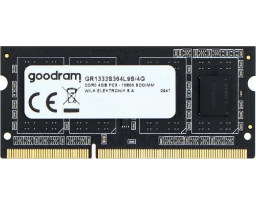 GoodRam SODIMM, DDR3, 4 GB, 1333 MHz, CL9 (GR1333S364L9S/4G)