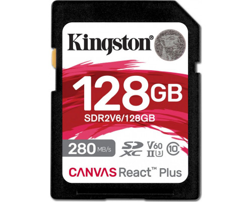 SD  Kingston Canvas React Plus SDXC 128 GB Class 10 UHS-II/U3 V60 (SDR2V6/128GB)