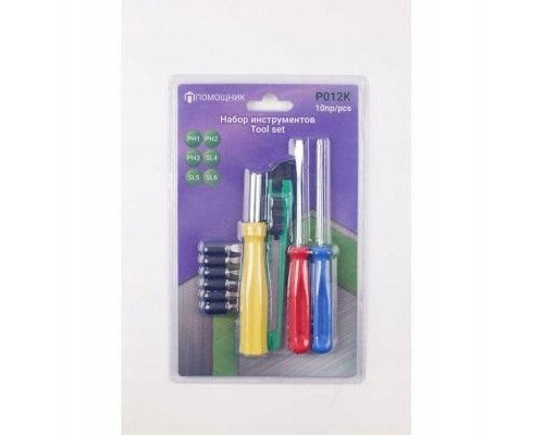 10el. Bity: PH1,2,3, SL 4,5,6mm, uchwyt bitów 120mm, wkrętaki: PH1x75mm, SL 4x72mm, nóż łamany)