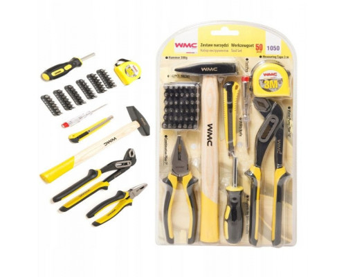 50el (wkrętak, bity, szczypce, młotek, kombinerki, miarka, worek)