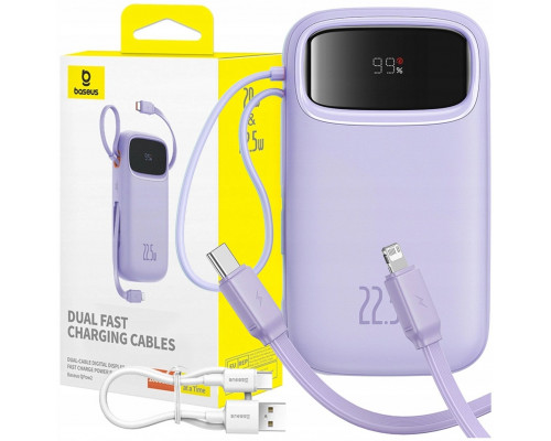 Baseus Qpow2 20000mAh 22,5W z podwójnym kablem z cyfrowym wyświetlaczem cable Simple USB-C 3A 0,3m (biały) - violet
