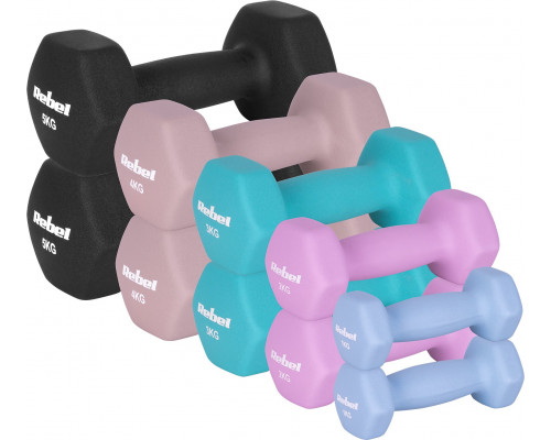 Hantelki cast iron neoprene HEX zestaw 30kg (2x1kg+2x2kg+2x3kg+2x4kg+2x5kg), REBEL ACTIVE