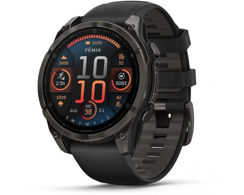 Smartwatch Garmin Inteligentny zegarek Fenix 8 – 47 mm, AMOLED Sapphire, Titan DLC w kolorze szarego węgla z silikonowym pasek w kolorze czarno-szarym