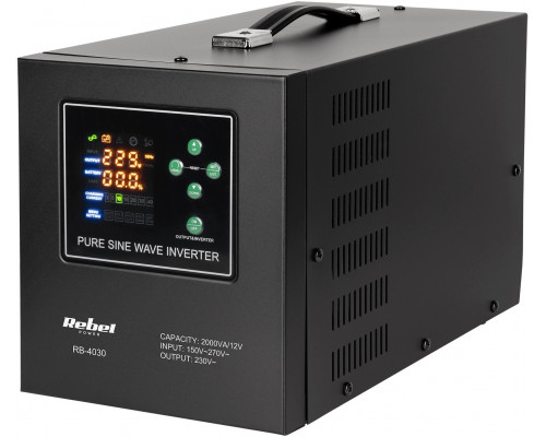 UPS Rebel Power awaryjny POWER-2000-LFP4 - przetwornica z czystym przebiegiem sinusoidalnym i funkcją ładowania 12V 230V 2000VA/1200W (RB-4030)