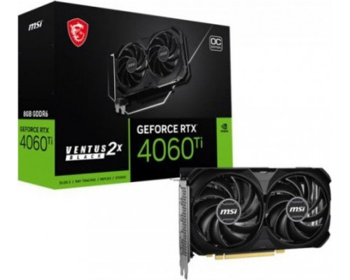 * MSI GeForce RTX 4060 Ti 8G VENTUS 2X BLACK E1 OC | NVIDIA | 8 GB | GeForce RTX 4060 Ti | GDDR6 | HDMI ports quantity 1 | PCI Express Gen 4 x16 (uses x8)