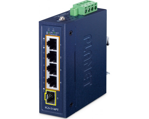 PLANET IP30 Compact size 4-Port IGS-514PT   Gigabit Ethernet (10/100/1000) Support PoE Blue