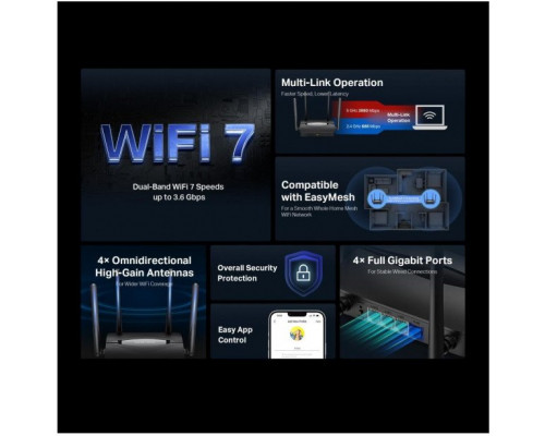 MERCUSYS MR25BE EasyMesh WiFi7 router (BE3600, 2,4GHz/5GHz,1xGbEWAN,3xGbELAN)