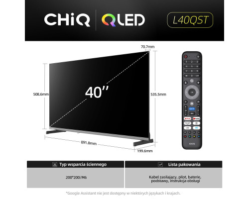 CHiQ L40QST TV 40", QLED, Full HD, Google TV, Frameless, Dolby Audio, dbx-tv, HDR 10