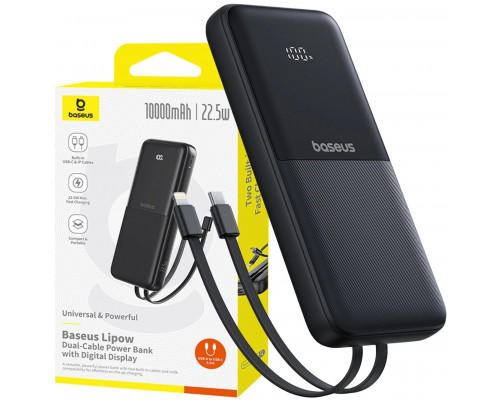 Baseus Lipow 10000mAh 22.5W with built-in dual cable with display (z dodatkowym blackm kablem Baseus Simple USB-A - USB-C 3A 0,2m) - black