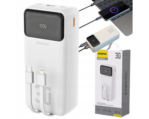 Dudao Dudao K15Max 30000mAh PD 22.5W  kablami USB-C i Lightning - White