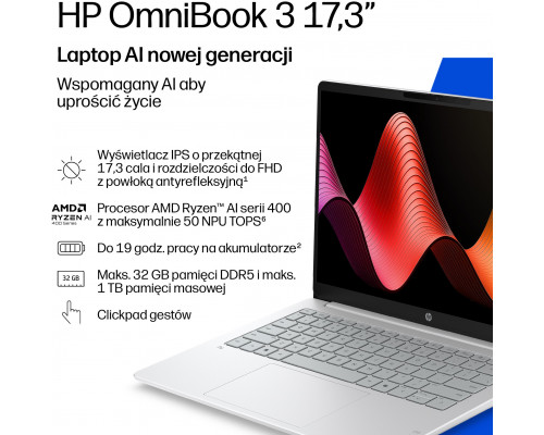 Laptop HP OmniBook 3 17-dm0001nwx / 17.3" / Ryzen AI 7 445 / 16GB / 512GB / Windows 11 Pro (D9MA1EA)