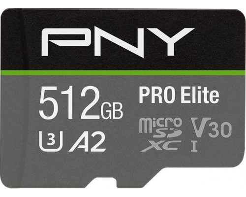SD  PNY PRO Elite MicroSDXC 512 GB Class 10 UHS-I/U3 A2 V30 (P-SDUX512U3100PRO-GE)
