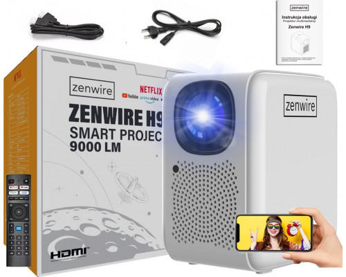 Zenwire Rzutnik Full HD 4K 12000lm 400 Ansi WiFi 2.4/5 GHz Miracast Aircast Linux SMART TV certyfikowany Netflix Autofocus Bluetooth 5.1 36-200" cali Zenwire H9