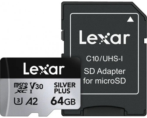 SD  Lexar Professional Silver Plus MicroSDXC 64 GB Class 10 UHS-I/U3 A2 V30 (LMSSIPL064G-BNANG)