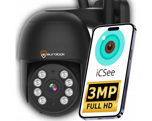 Zewnętrzna Kamera WiFi Obrotowa 3MPx POWIADOMIENIA ICSee Full HD CZARNA SD [K-6]