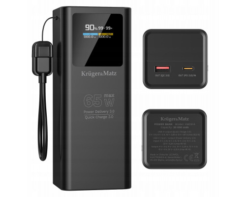 PowerBank Kruger&Matz 20000 mAh Li-ion 65W z funkcją QC oraz PD