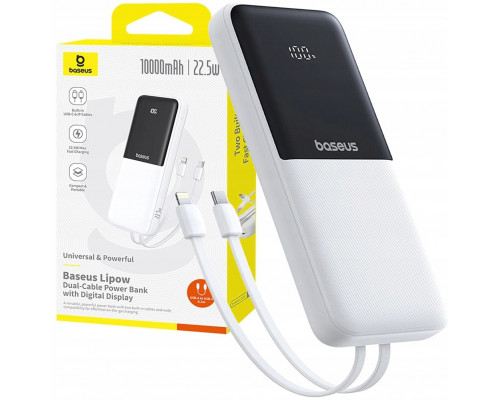 Baseus Lipow 10000mAh 22,5W with two built-in cables (with Baseus Simple USB-A - USB-C 3A 20cm) - biały