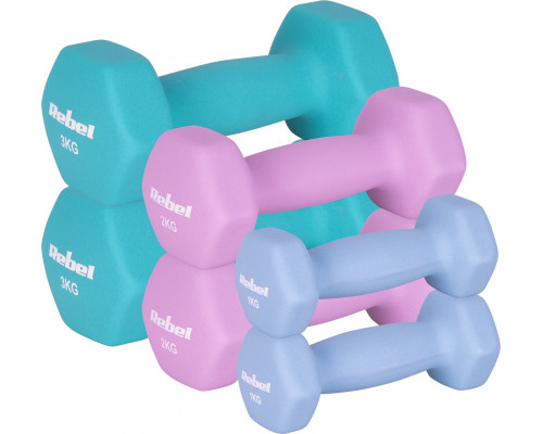Hantelki cast iron neoprene HEX zestaw 12kg (2x1kg+2x2kg+2x3kg), REBEL ACTIVE