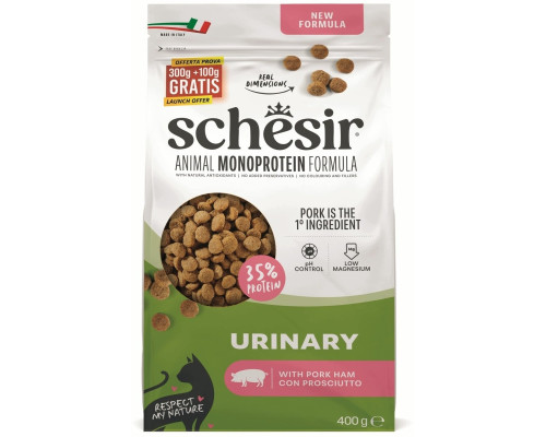 Schesir Animal Monoprotein Formula Urinary, karma sucha, dla dorosłego kota, szynka wieprzowa, 400 g, worek (SR-1064)