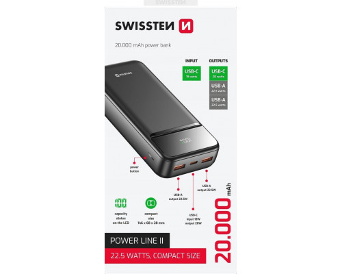SWISSTEN, Powerbank, POWER LINE II, Li-Pol, 5/9/12V, do �adowania telefon�w i innych urz�dze�, 22013947, 20000mAh, czarna