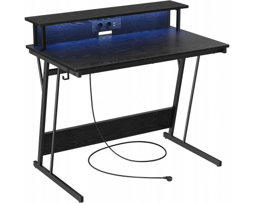 Gaming galds do gier z diodą LED i listwą zasilającą, stół dla graczy, biurko komputerowe ze wspornikiem ekranu, na 2 komputery, do sy