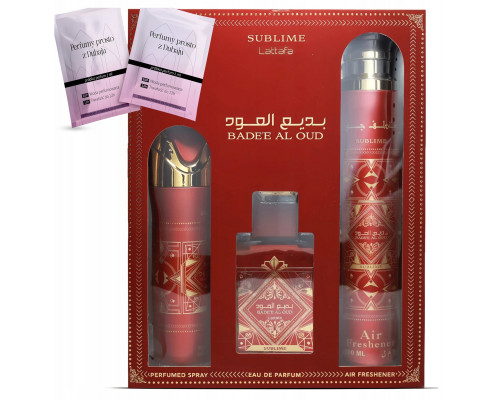 SET LATTAFA Sublime Badee Al Oud EDP spray 100ml + PERFUMED SPRAY 200ml + AIR FRESHENER 300ml