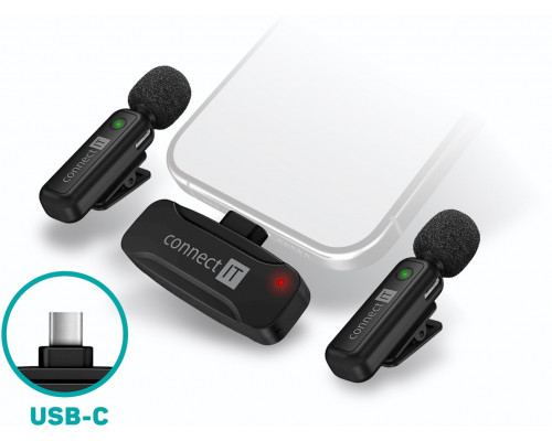 Connect IT ClipMic, Bezprzewodowy mikrofon lavalier z odbiornikiem, złącze USB-C, czarny