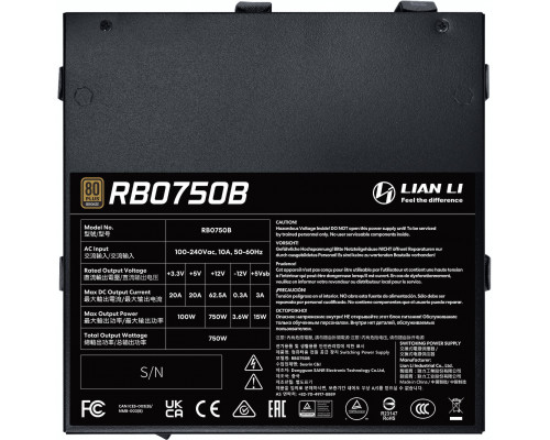 Lian Li RB Series 80 PLUS Bronze Zasilacz, częściowo modularny, PCIe 5.1, ATX 3.1 - 750 Watt, czarny