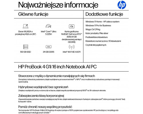 Laptop HP ProBook 4 G1i 16 / 16 cali WUXGA / Ultra 5 225H / 24GB / 512GB SSD / Windows 11 Home (C51M9ET#AKD)