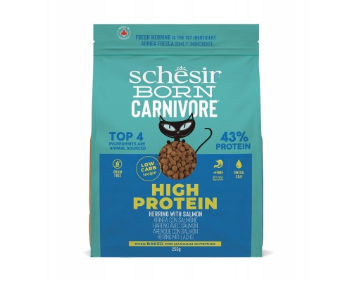 Schesir Born Carnivore, karma sucha, dla kotów adults, śledź i łosoś, 255 g, worek