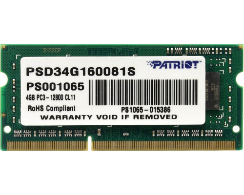 Patriot Signature, SODIMM, DDR3, 4 GB, 1600 MHz, CL11 (PSD34G160081S)