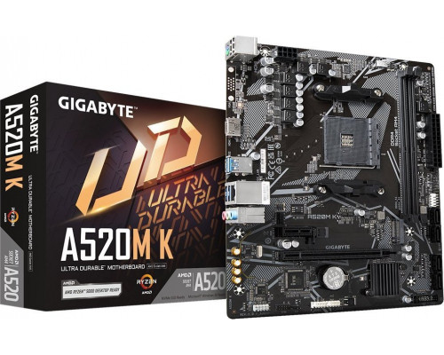 Gigabyte Mainboard|GIGABYTE|AMD A520|SAM4|Micro-ATX|Memory DDR4|Memory slots 2|1xPCI-Express 3.0 1x|1xPCI-Express 3.0 16x|1xM.2|1xHDMI|2xUSB 2.0|4xUSB 3.2|1xPS/2|1xRJ45|3xAudio port|A520MK