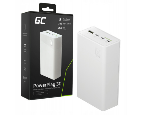 Greencell PowerPlay 30 - biały powerbank 30 000mAh, 22,5W, 4 porty