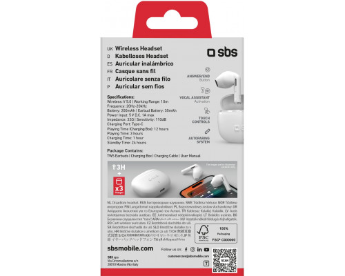 SBS Mobile wireless earbuds Go Pods TWS, white