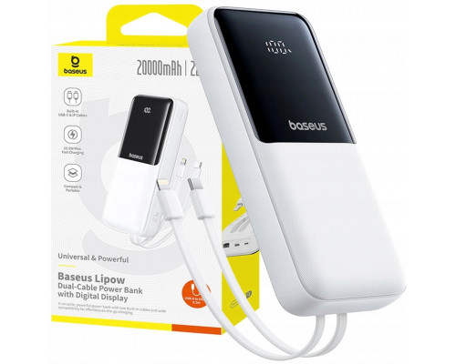Baseus Lipow 20000mAh 22,5W  dwoma wbudowanymi kablami  dodatkowym kablem Simple USB-A - USB-C 3A 20cm White