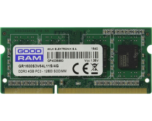 GoodRam SODIMM, DDR3L, 4 GB, 1600 MHz, CL11 (GR1600S3V64L11S/4G)