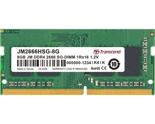 Transcend JetRam, SODIMM, DDR4, 8 GB, 2666 MHz, CL19 (JM2666HSG-8G)