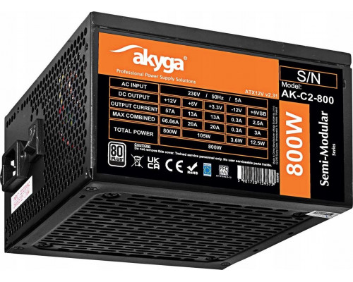 Akyga AKYGA ATX 800W AK-C2-800 Semi-Modular P4+4 2x PCI-E 6+2 pin 6x SATA 3x Molex FAN 12cm