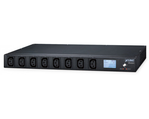 IP-based 8-port Switched Power Manager with 2 Cascaded Ports (AC 100-240V, 16A max. input, 8 IEC C13 outlet 10A max. output, LCD Displays, provides external tem