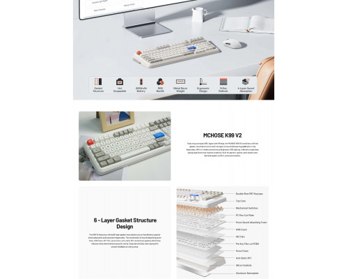 MCHOSE K99 V2 - US układ - Icy Creamsicle - Retro Biały (Biała) Belaidė Żaidimų Klaviatūra