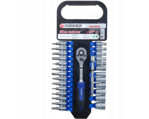 Zestaw nasadek i bitów 1/4" z grzechotką z plastikowym uchwytem 27el. (6-kątnych.) (4-14mm)