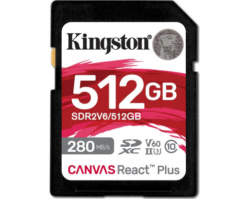 SD  Kingston Canvas React Plus SDXC 512 GB Class 10 UHS-II/U3 V60 (SDR2V6/512GB)