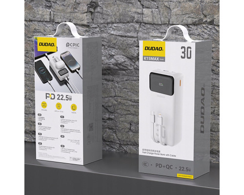 Dudao K15Max powerbank 30000mAh 22.5 Watt Hvid