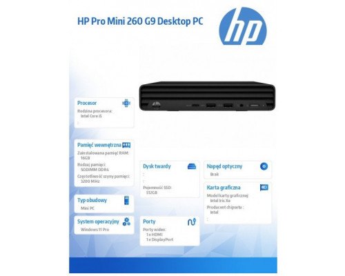 hp inc. Komputer Mini Pro 260 G9 i5-1335U 512GB/16GB/W11P      998L4ET