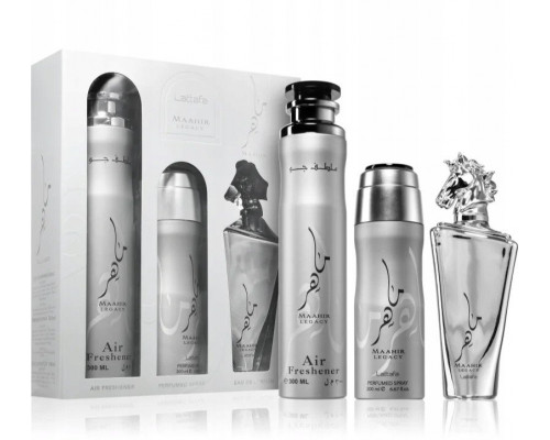 SET LATTAFA Maahir Legacy EDP spray 100ml + PERFUMED SPRAY 200ml + AIR FRESHENER 300ml