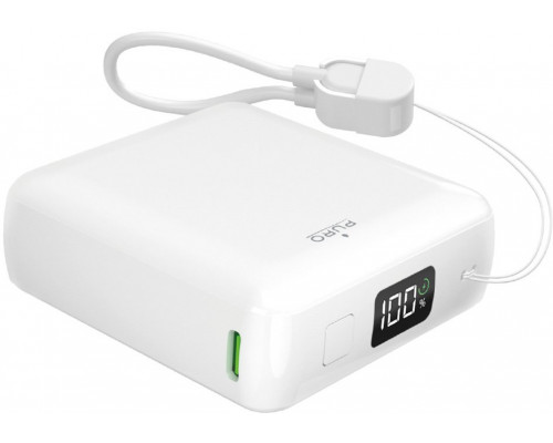 Puro 10000mAh 20W USB-C USB-A ar displeju i wbudowanym kablem USB-C - biały